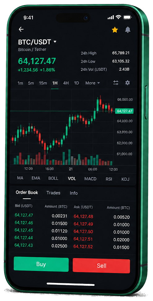 Mobilna aplikacija za trgovanje Havnvik Capvia sa live prikazom BTC/USDT grafikona, knjigom naloga i trgovačkim interfejsom